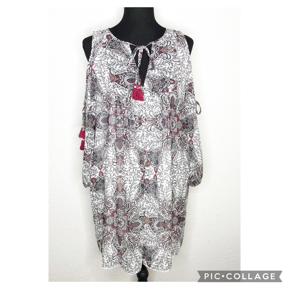 Rebecca Minkoff white black red floral paisley cold shoulder tunic dress Medium